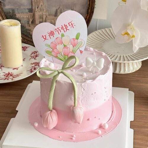 38女神节郁金香卡片蛋糕装饰插牌仿真蝴蝶兰三八妇女节装扮插件