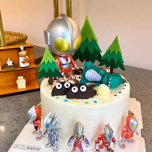 森系奥特曼恐龙怪兽蛋糕摆件毛毡树木椰树云朵英文生日插旗插件
