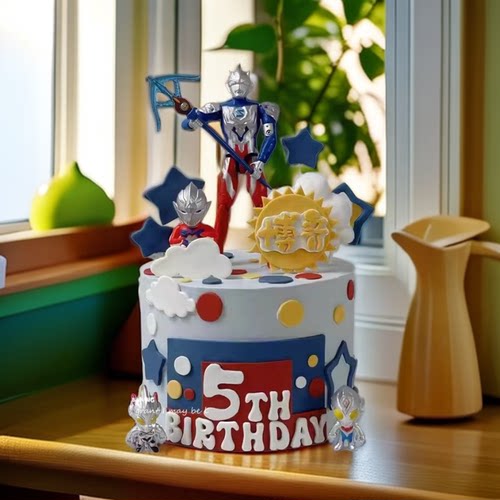 银河超人战士拿武器蛋糕装饰摆件云朵五角星儿童周岁生日烘焙插件