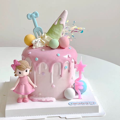 可爱公主生日冰淇淋蛋糕装饰粉裙女孩摆件多巴胺蛋筒淋面刀叉插件