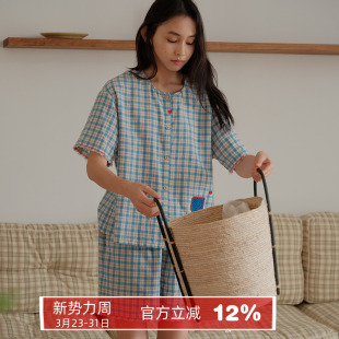 家居服套装 朵朵可可睡衣女2025春夏清爽棉麻V领格子简约短袖 短裤