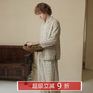 翻領(lǐng)田園風(fēng)家居服套裝 朵朵可可四季 純棉格子男女情侶睡衣長袖 長褲