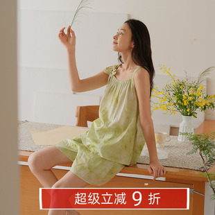 甜美家居服套装 朵朵可可睡衣女2025春夏渲染凉感贡缎纯棉吊带短裤