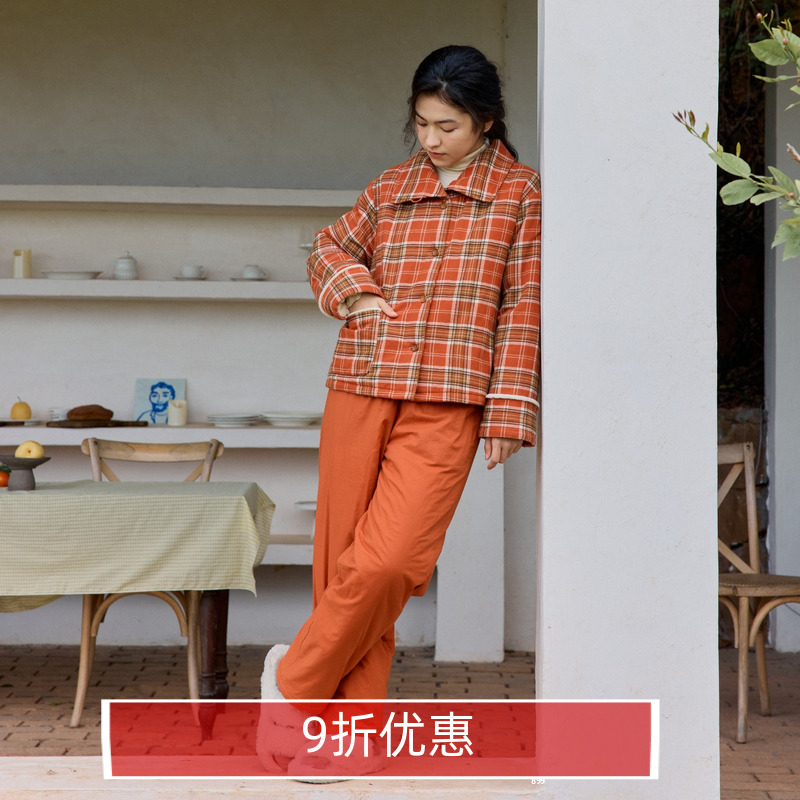经典格子纯棉加绒夹棉家居服套装