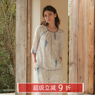 朵朵可可全棉印花睡衣女春夏复古风圆领七分袖 新中式 家居服套装