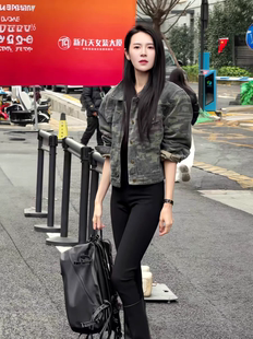 BO大码迷彩牛仔外套夹棉女新款polo领工装夹克宽松显瘦百搭上衣