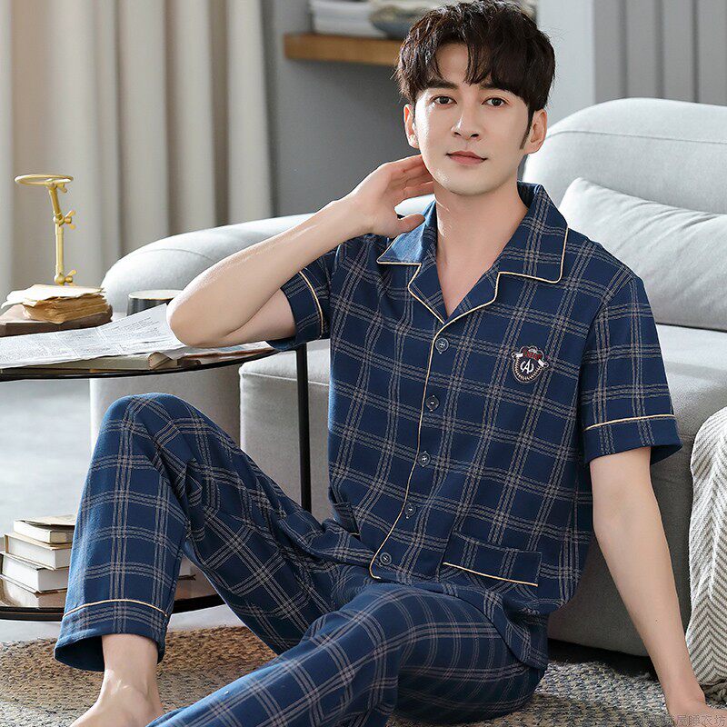 睡衣男夏纯棉短袖长裤中年格子时尚男装简约薄款可外穿家居服套装
