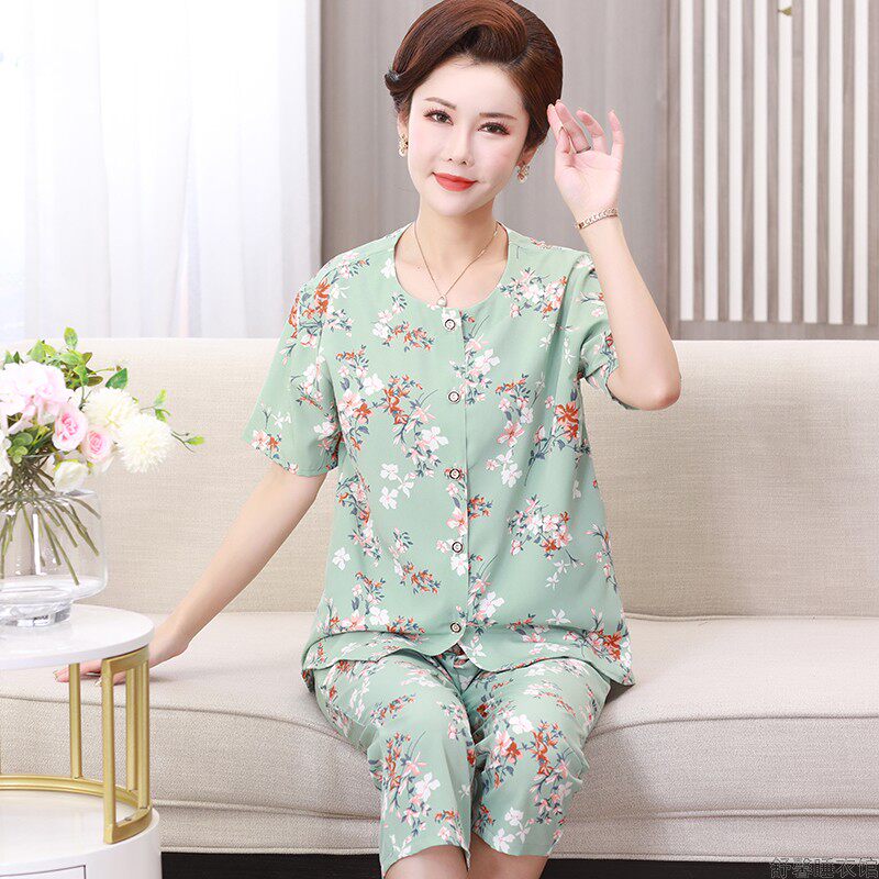 中年妈妈睡衣女夏季纯棉麻薄款开衫时尚女装短袖可外穿家居服套装