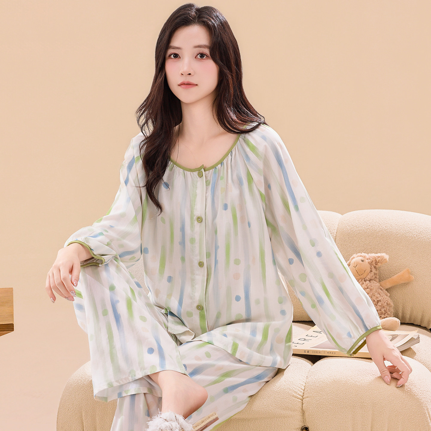 绵绸睡衣女夏纯棉绸开衫薄款女装空调服韩版可外穿休闲家居服套装