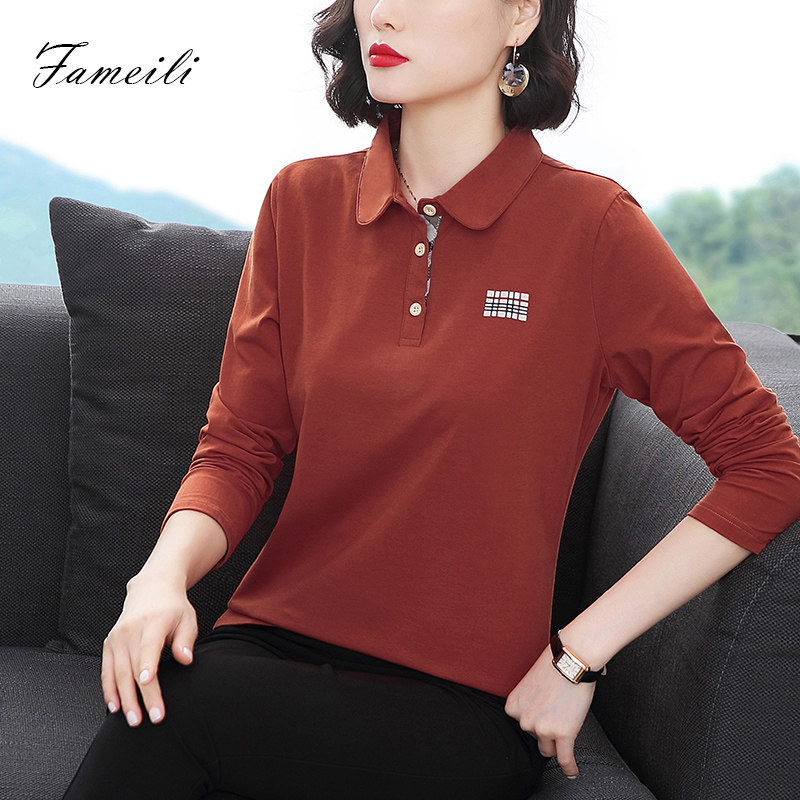 T恤女长袖2020秋装新款妈妈纯棉宽松洋气上衣翻领内搭POLO打底衫