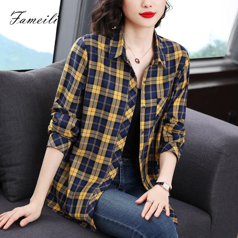 格子衬衫女早春薄款长袖上衣大码女装新款中年妈妈加厚外套衬衣女