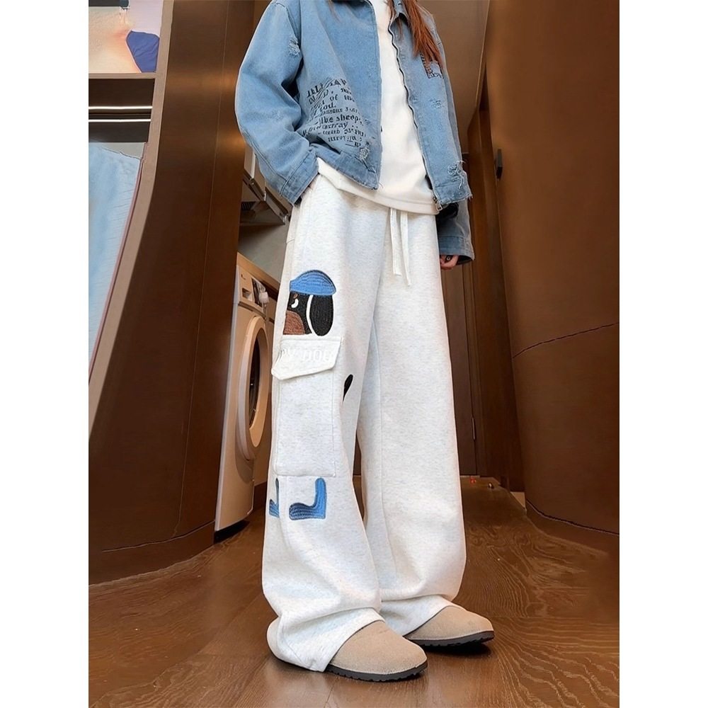 白花灰小狗刺绣微喇卫裤男款秋冬多口袋休闲裤子抽绳设计感运动裤