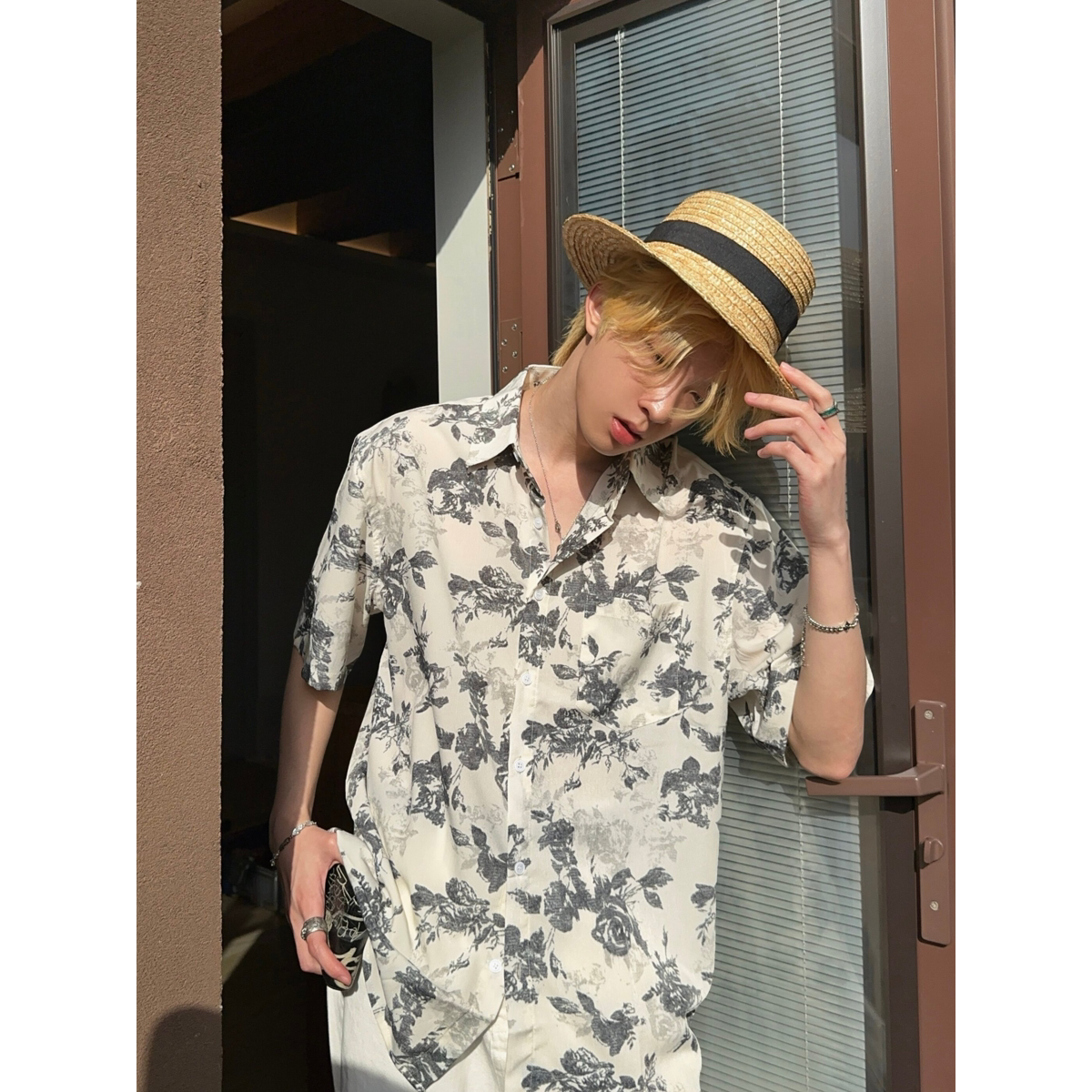 夏装轻薄透气夏威夷度假宽松休闲痞帅垂感短袖花衬衫男