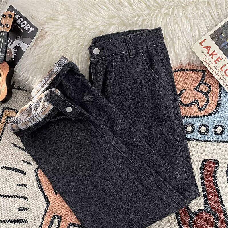 卷边格子牛仔裤男春秋季日系潮牌青年宽松休闲百搭水洗直筒裤子