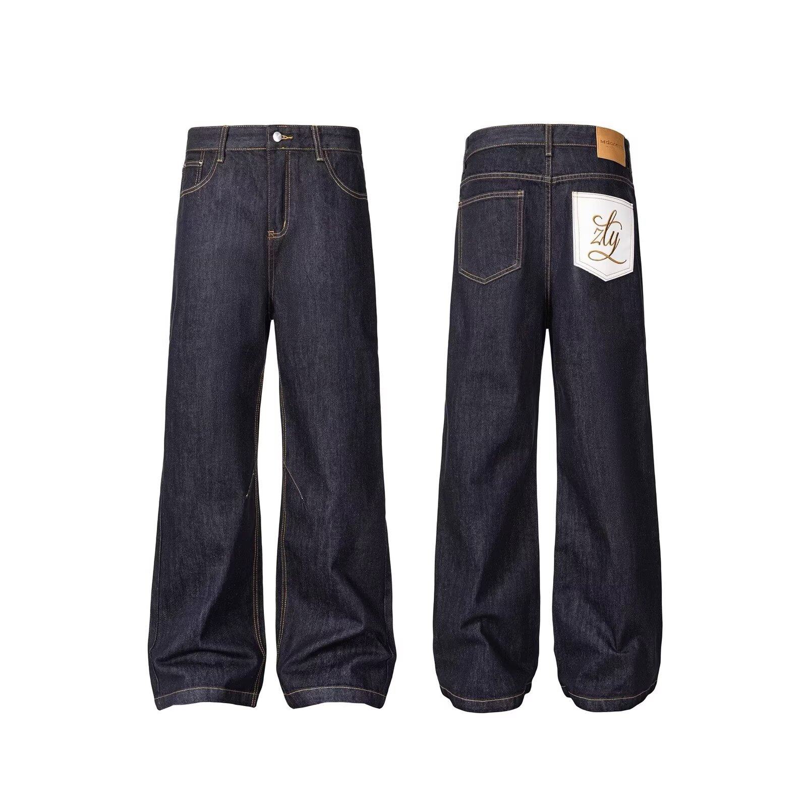 复古高腰阔腿口袋设计牛仔裤男女新款宽松直筒休闲垂感拖地长裤