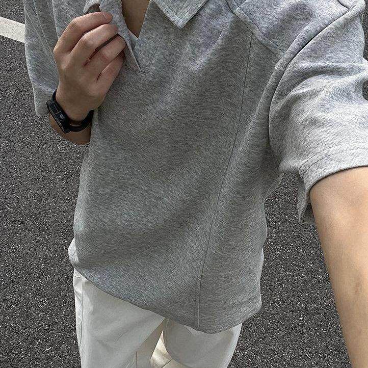 boxy解构短袖polo衫男女夏季cleanfit正肩重磅t恤美式复古五分袖