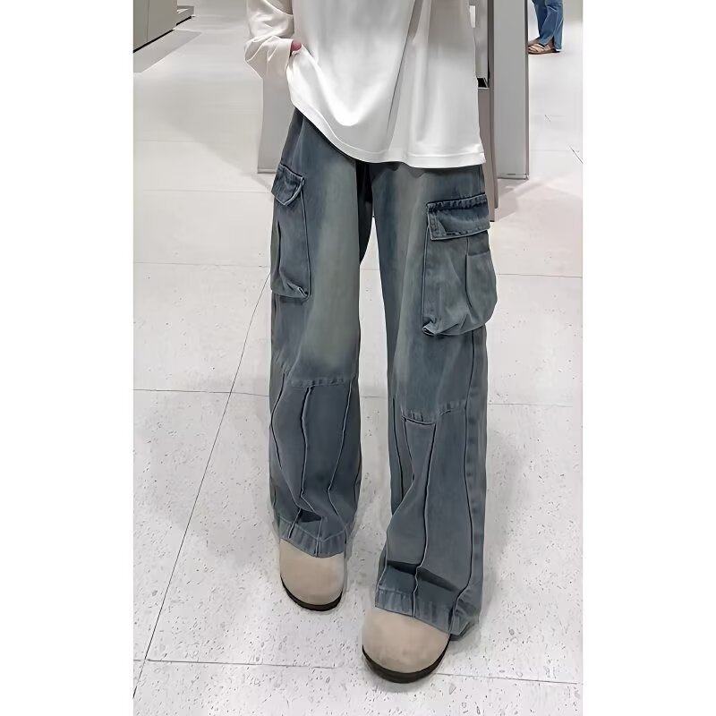 春秋季水洗复古大口袋工装牛仔裤男美式高街休闲宽松拼接阔腿长裤,男装,牛仔裤,淘宝优惠券,粉丝福利购,淘宝优惠卷