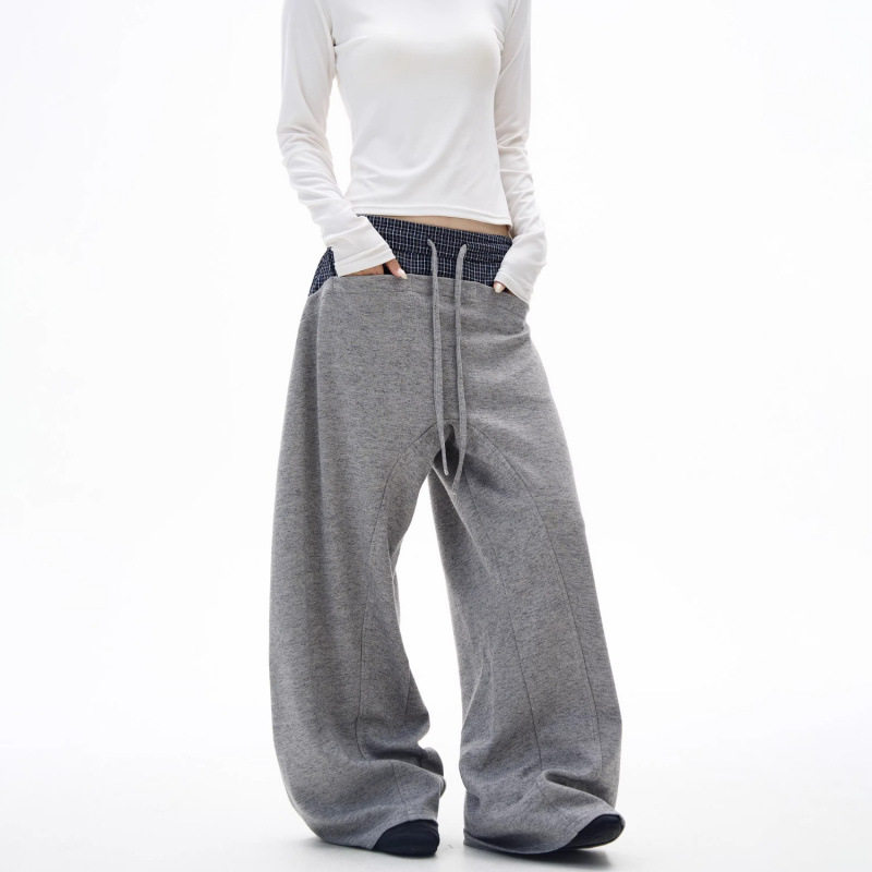 美式复古格纹拼接抽绳卫裤男女运动潮流宽松百搭阔腿跨境休闲裤【