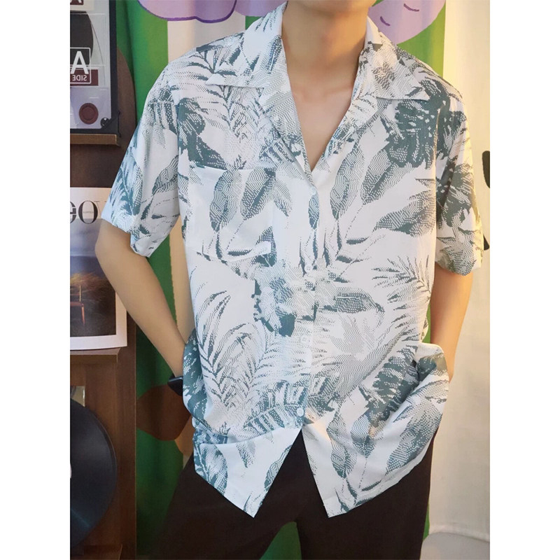 满印日常暗黑风夏季夏威夷风街拍宽松新款黑灰色衬衫古巴领度假