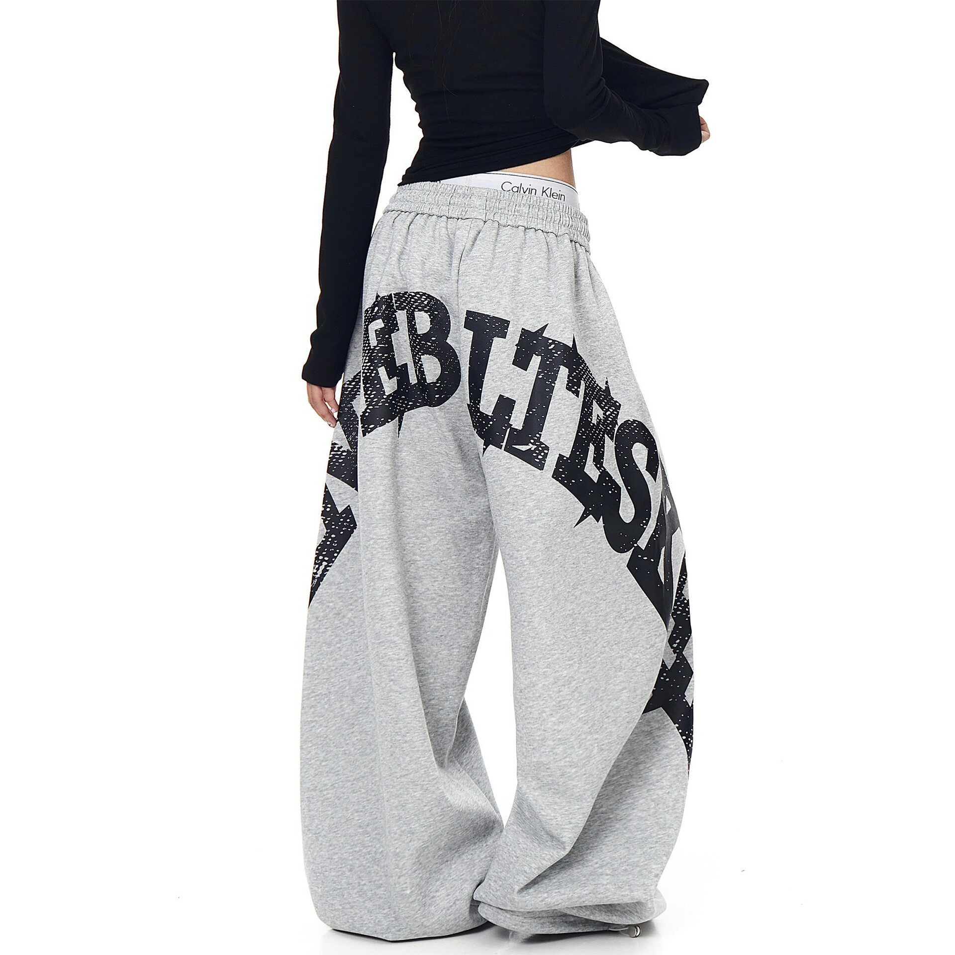 美式复古做旧字母印花运动卫裤女男冬季宽松休闲阔腿显瘦弯刀裤子