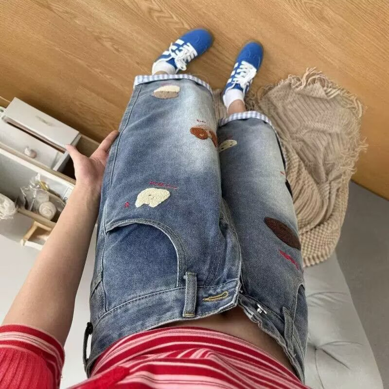 胖大码女装刺绣设计破洞牛仔裤女美式复古宽松显瘦直筒裤子