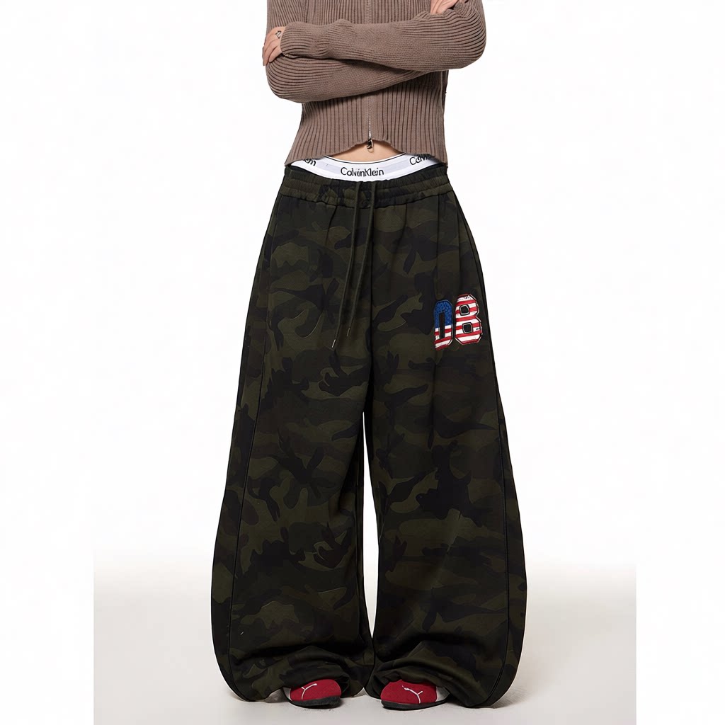 美式复古做旧数字印花卫裤街头宽松休闲baggy爵士舞阔腿长裤【潮