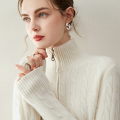 康赛妮老钱风加厚100%纯山羊绒衫 女立领半拉链毛衣宽松针织衫 上衣