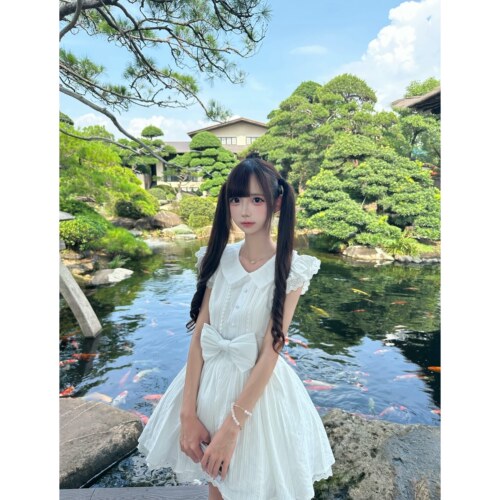 山海屿你 初恋信 古着蝴蝶结ins小白裙公主甜妹小飞袖夏季连衣裙