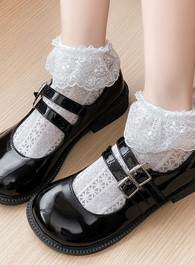 春夏季洛丽塔黑白色短筒女袜子可爱花边日系镂空轻薄款蝴蝶结女袜