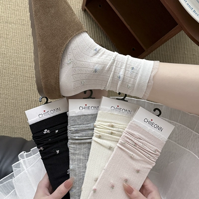 无骨小碎花透气网眼春夏季薄款袜子女中筒袜甜美风韩版纯棉堆堆袜