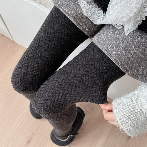 绵羊毛波浪纹连身打底裤无骨缝头秋冬款女士连脚百搭小短裙保暖