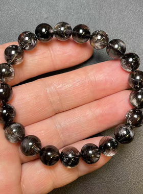 天然收藏级黑银钛晶手串多圈三圈男女款单圈108颗佛珠黑水晶手链