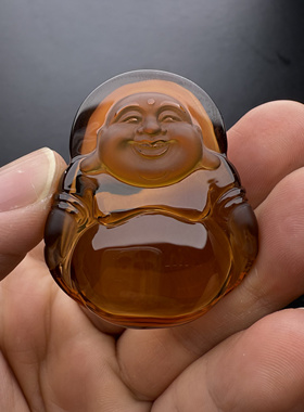 天然巴西黄水晶弥勒佛吊坠金红色佛公全净体收藏级
