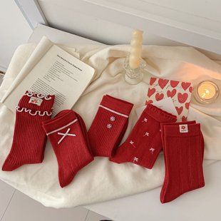 无骨本命年大红新年袜子女miu系蝴蝶结木耳边布标潮流中筒鸿运袜