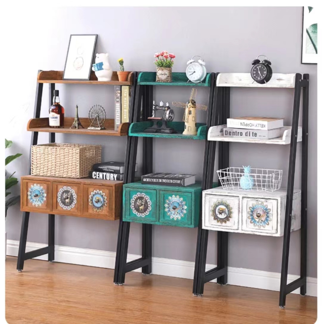 阳台客厅置物架美式花架置物架落地多层铁艺架子实木床头架收纳架