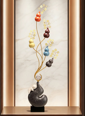 铁艺陶瓷五福临门高端竖长装饰品