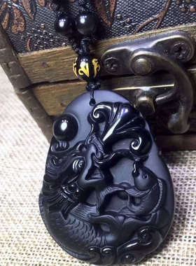 天然墨西哥黑曜石螭吻吊坠 五行补水龙鱼挂件 神兽鸱吻男女款项链