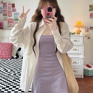 紫色针织吊带连衣裙女夏季 收腰显瘦气质短裙子 新款 温柔风防晒衬衫