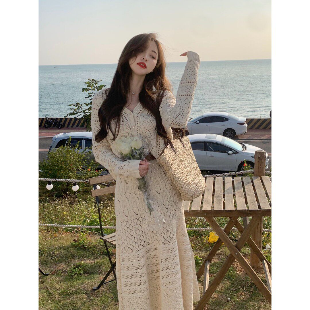 宋智安新款春秋季小香风镂空针织套装度假薄款空调衫半身裙两件套