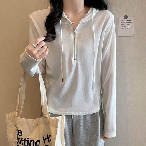 【3色】春秋连帽外穿T恤女微胖梨型辣妹洋气小众拉链长袖常规款