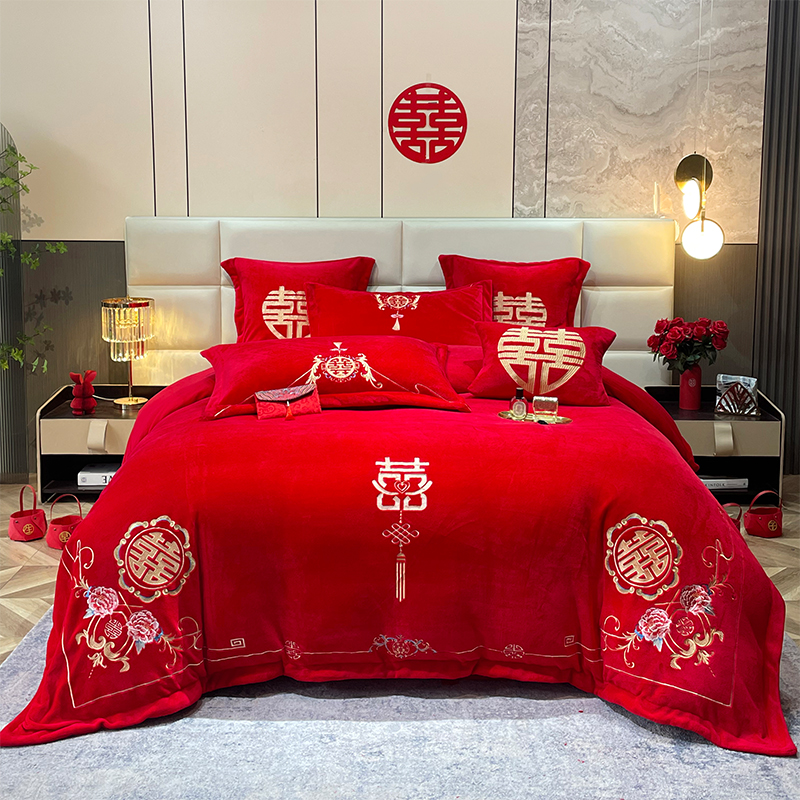牛奶绒婚庆四件套大红喜被冬季保暖结婚床单笠珊瑚绒新婚房嫁床品