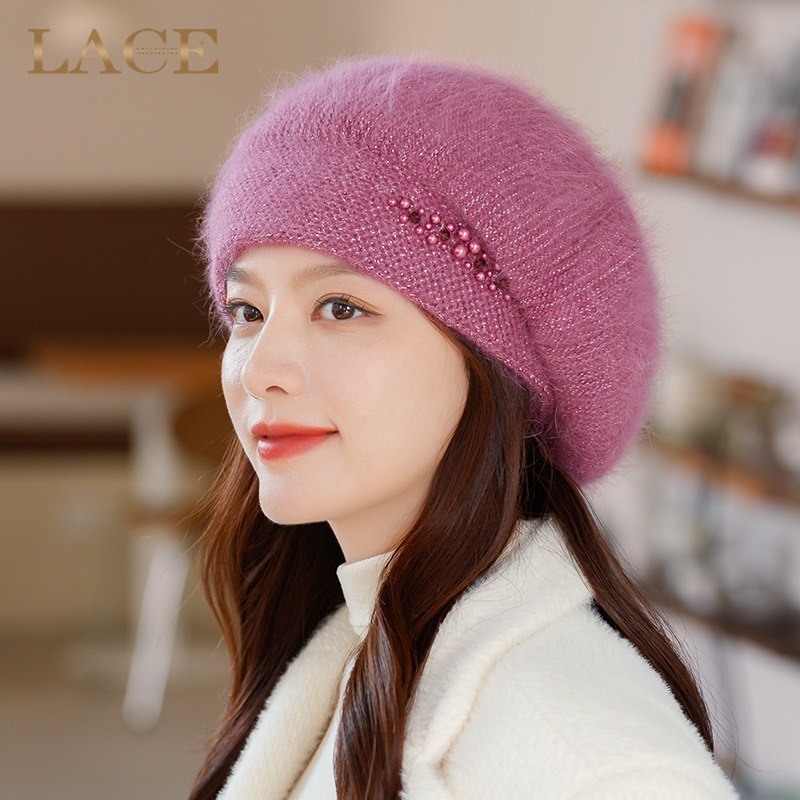 毛线帽女秋冬大头围日系厚黑色针织帽女可爱显脸小兔毛贝雷帽子