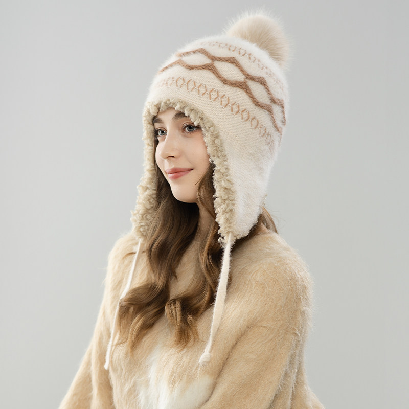 2025年新款时尚兔毛护耳针织帽毛球装饰复古花纹冬季百搭女士帽子,服饰配件/皮带/帽子/围巾,帽子,淘宝优惠券,粉丝福利购,淘宝优惠卷