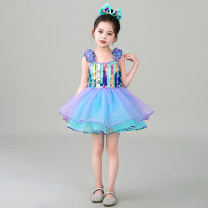 新款六一儿童蓬蓬裙演出服幼儿园舞蹈服装炫彩亮片纱裙表演服公主