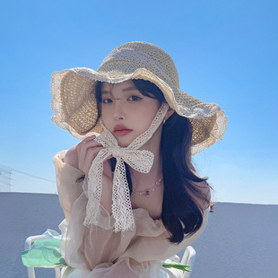 草帽系带镂空草编帽女夏出游防晒沙滩海边新款太阳帽蕾丝边遮阳帽