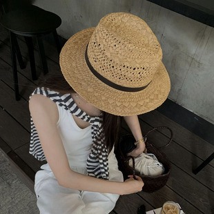 草帽韩版手工草编巴拿马帽女夏季遮阳防晒大帽檐英伦小礼帽显脸小
