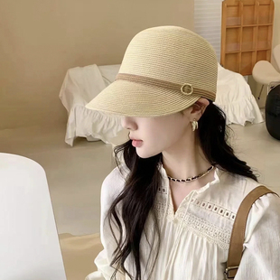马术帽女夏季草编透气时尚防晒遮阳帽子日系草帽小众鸭舌帽太阳帽