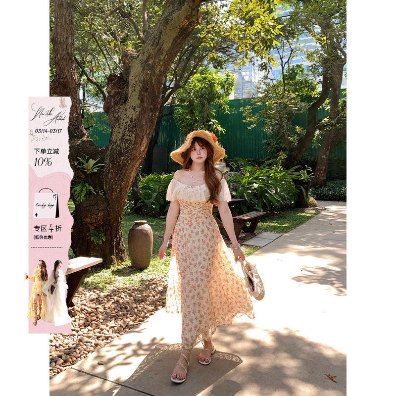 安妮不火 蕾丝花边领鱼骨收腰碎花连衣裙女微胖大码甜美系公主裙