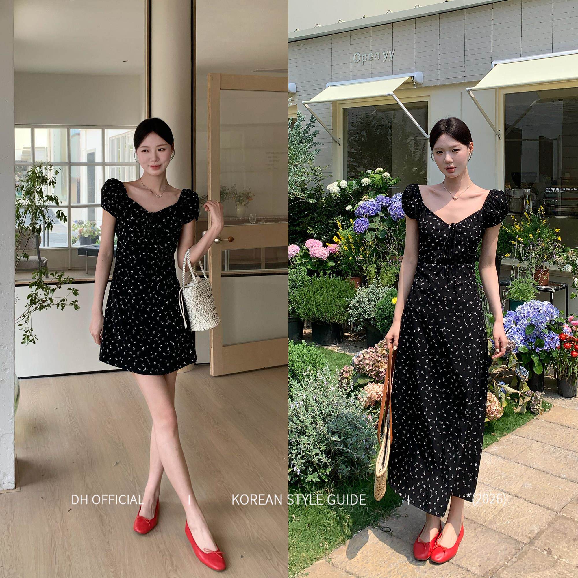 DH 大花【西西里少女】春日碎花裙女优雅气质法式中长款连衣裙女