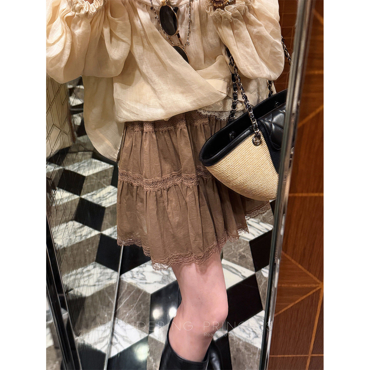 钱美西 100棉拼接蕾丝花边松紧高腰显瘦a字蛋糕裙防走光半身裙裤